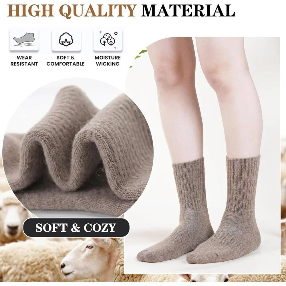 5 Pairs Women Merino Wool Socks Hiking Warm Winter Thick Thermal Crew Dark Grey
